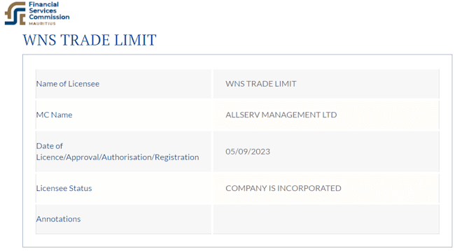 WNS Trade Limit ใบอนุญาต FSC Mauritius